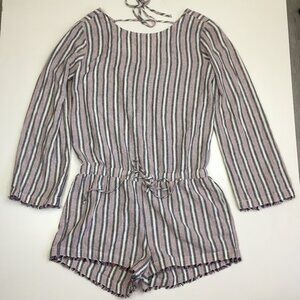 CLOTH & STONE Anthropologie Linen Blend Striped Fringe Hem Button Back Romper